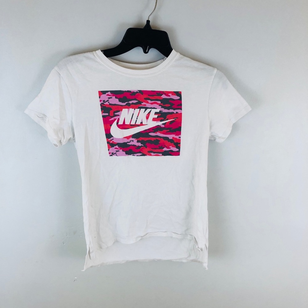 Nike White Tee With A Black and Pink Camo Print